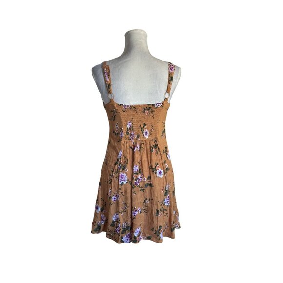 American Eagle Women's Babydoll Sundress Mustard Yellow Floral Smocked Back Cott - Picture 2 of 9